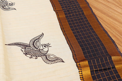 Monochrome Madhubani  Pen Kalamkari Saree 517