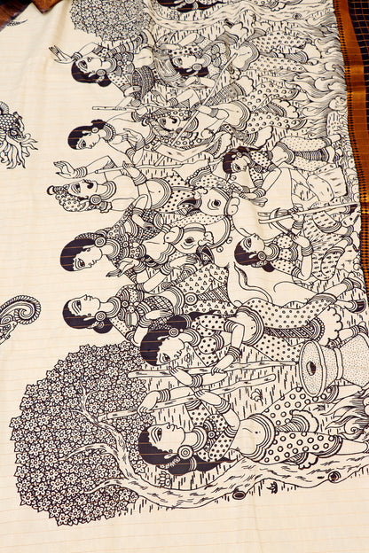 Monochrome Madhubani  Pen Kalamkari Saree 517