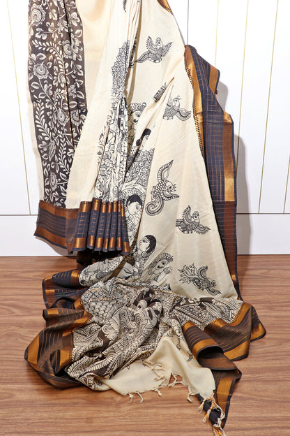 Monochrome Madhubani  Pen Kalamkari Saree 517