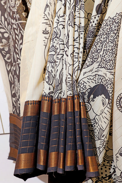 Monochrome Madhubani  Pen Kalamkari Saree 517