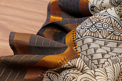 Monochrome Madhubani  Pen Kalamkari Saree 517