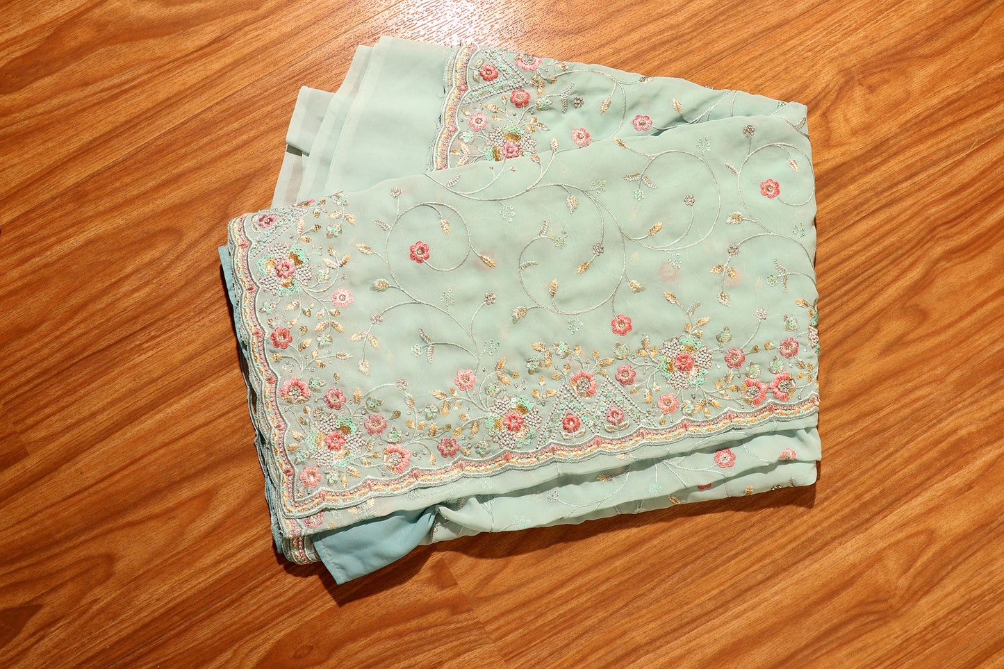 Sky Blue Chiffon Saree with All-Over Floral Embroidery & Pearl Accents 095