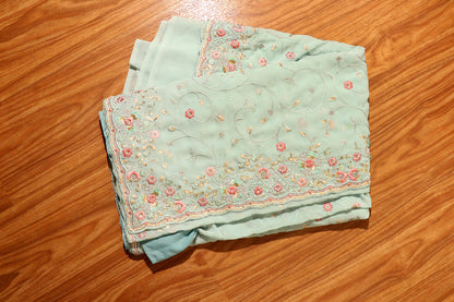 Sky Blue Chiffon Saree with All-Over Floral Embroidery & Pearl Accents 095
