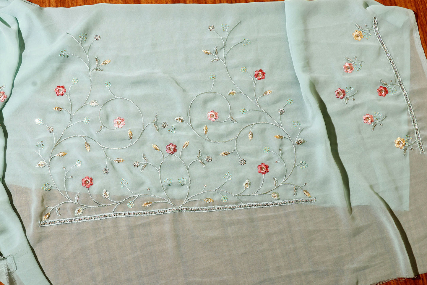Sky Blue Chiffon Saree with All-Over Floral Embroidery & Pearl Accents 095
