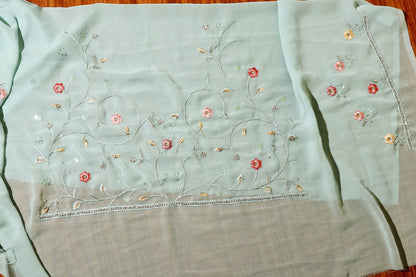 Sky Blue Chiffon Saree with All-Over Floral Embroidery & Pearl Accents 095