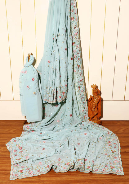 Sky Blue Chiffon Saree with All-Over Floral Embroidery & Pearl Accents 095