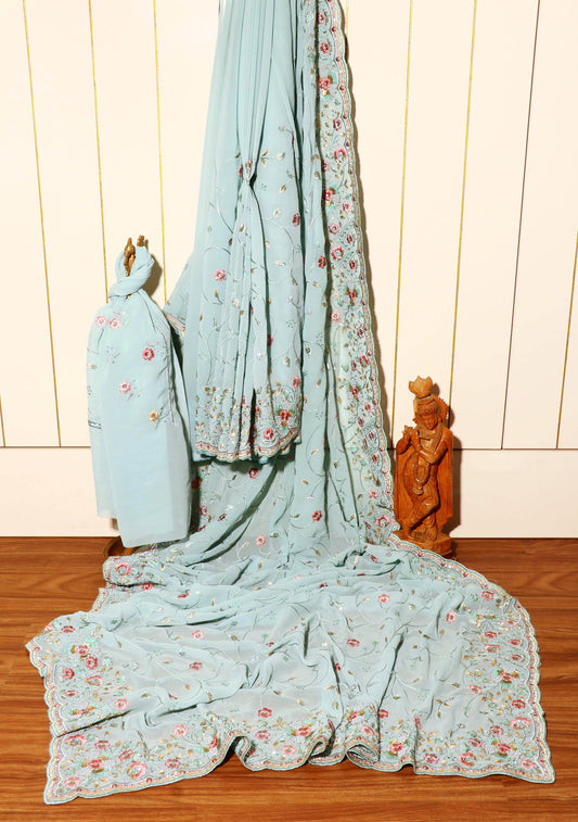 Sky Blue Chiffon Saree with All-Over Floral Embroidery & Pearl Accents 095