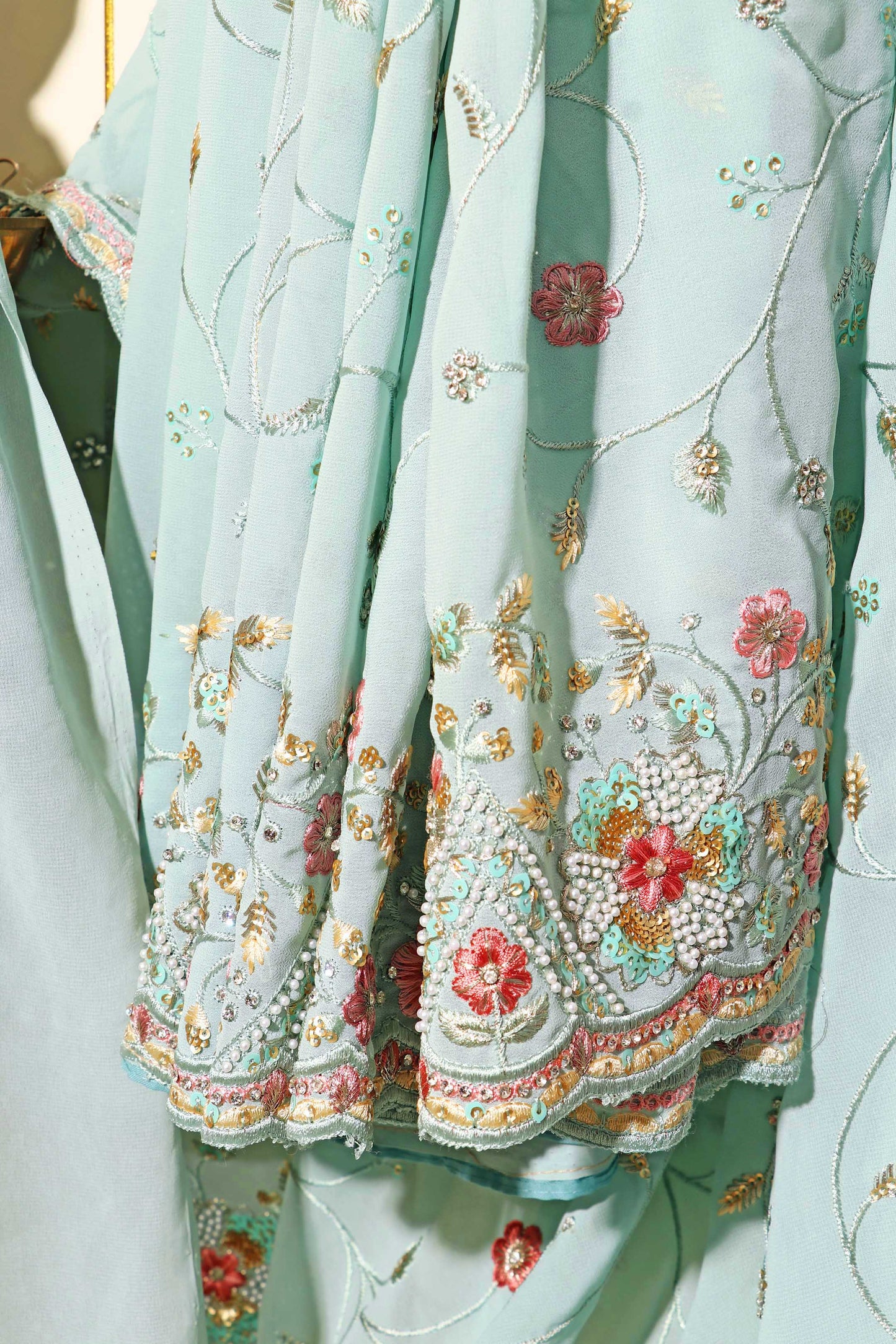 Sky Blue Chiffon Saree with All-Over Floral Embroidery & Pearl Accents 095