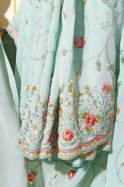 Sky Blue Chiffon Saree with All-Over Floral Embroidery & Pearl Accents 095