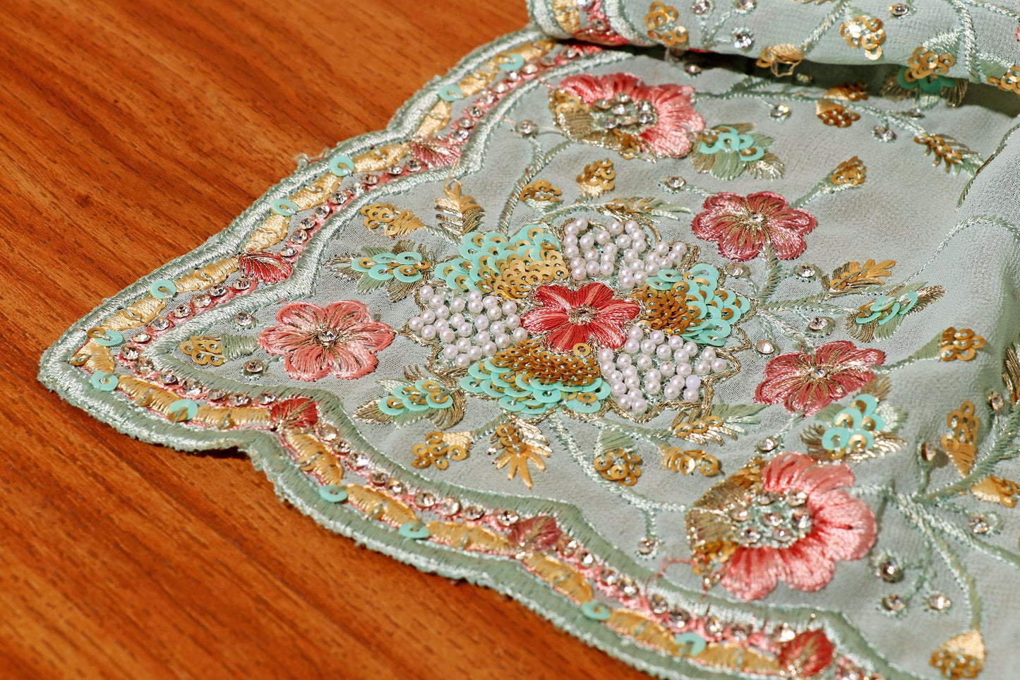 Sky Blue Chiffon Saree with All-Over Floral Embroidery & Pearl Accents 095