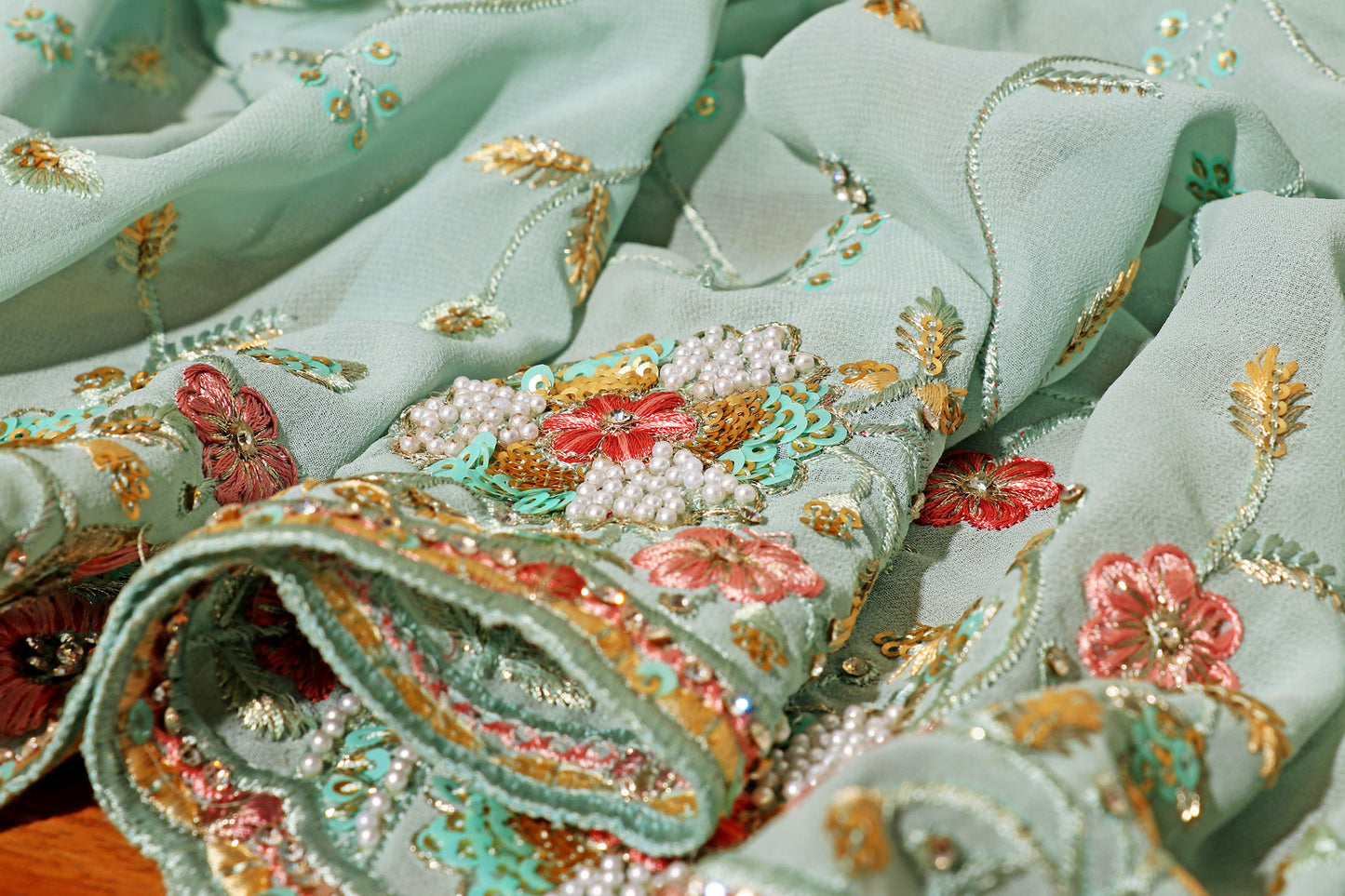 Sky Blue Chiffon Saree with All-Over Floral Embroidery & Pearl Accents 095