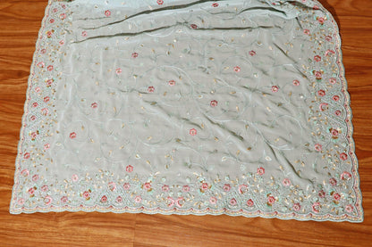 Sky Blue Chiffon Saree with All-Over Floral Embroidery & Pearl Accents 095