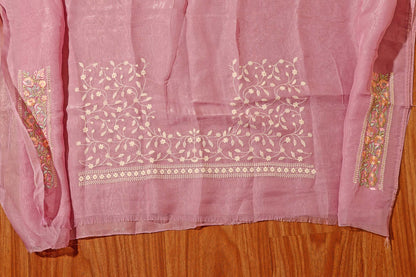 Mauve Chikankari Georgette Saree with Pastel Floral Border & Silver Sequins 098