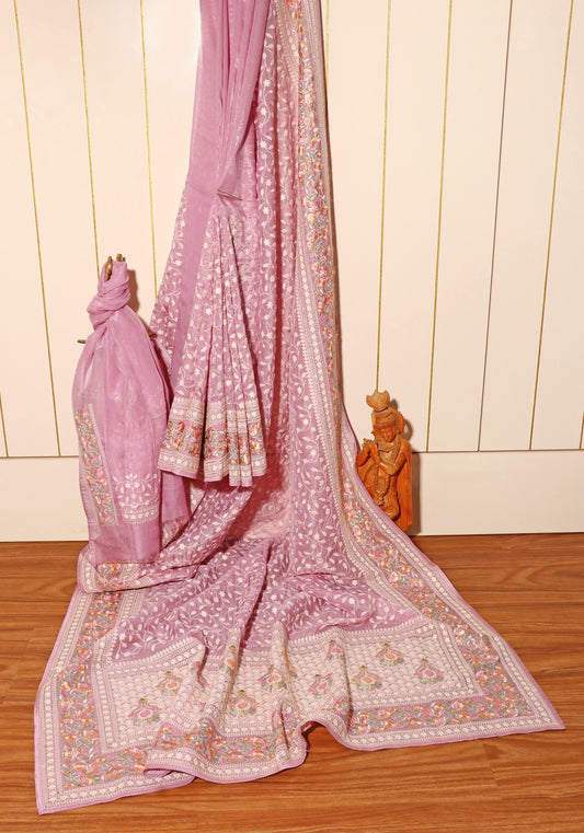 Mauve Chikankari Georgette Saree with Pastel Floral Border & Silver Sequins 098