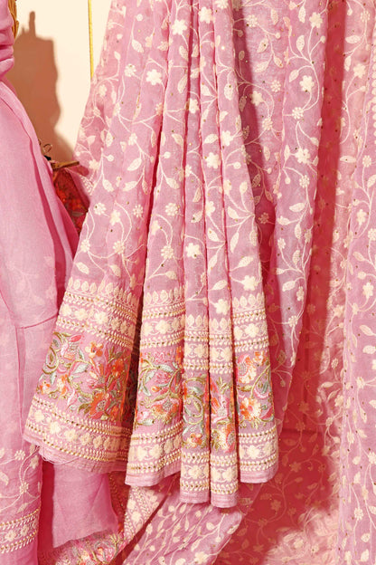 Mauve Chikankari Georgette Saree with Pastel Floral Border & Silver Sequins 098
