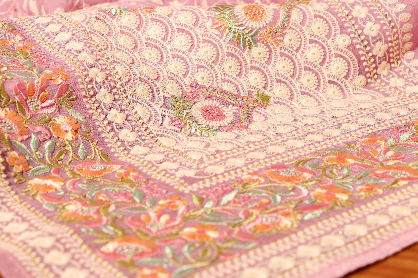 Mauve Chikankari Georgette Saree with Pastel Floral Border & Silver Sequins 098