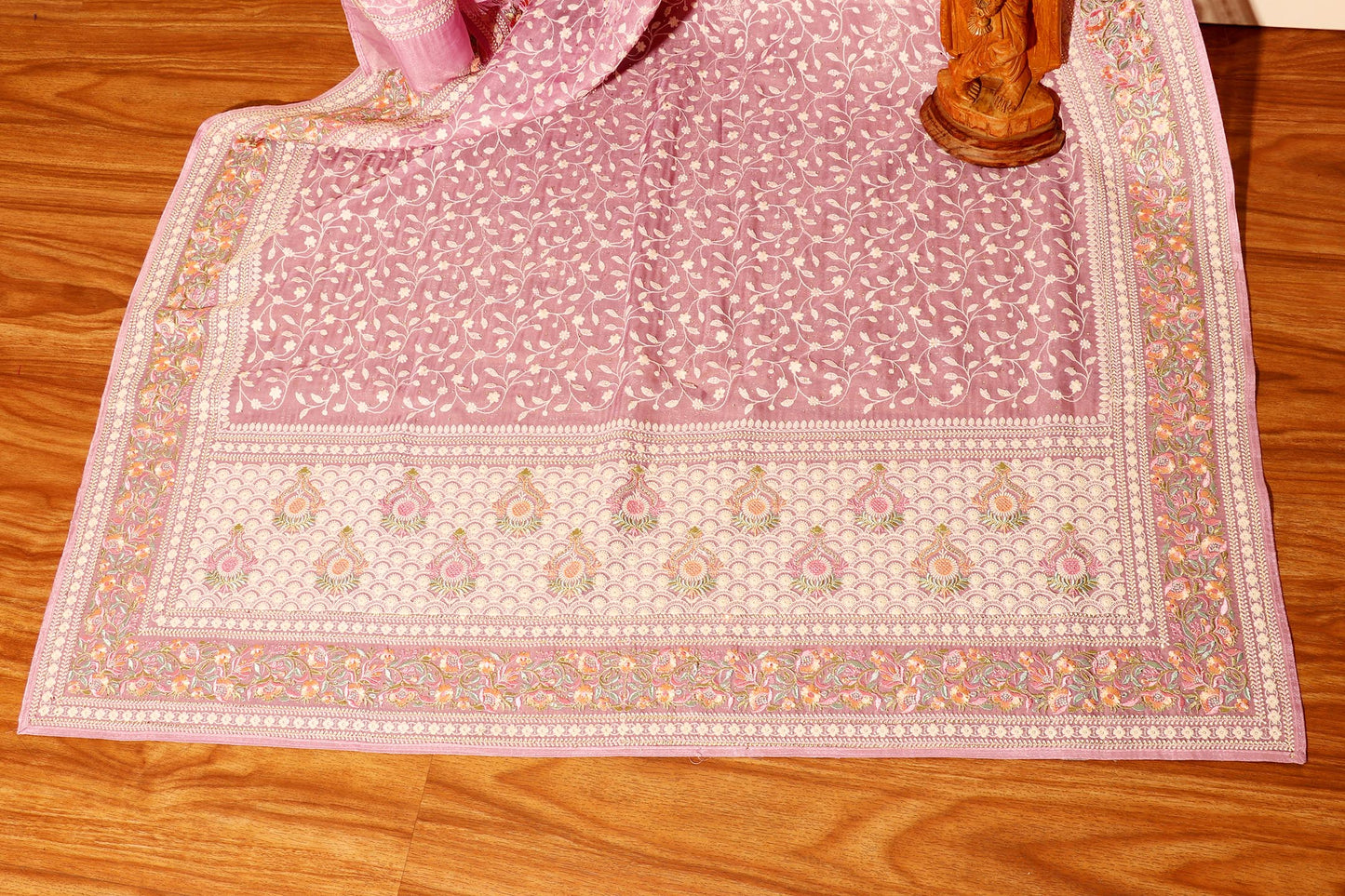 Mauve Chikankari Georgette Saree with Pastel Floral Border & Silver Sequins 098