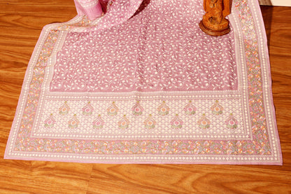 Mauve Chikankari Georgette Saree with Pastel Floral Border & Silver Sequins 098
