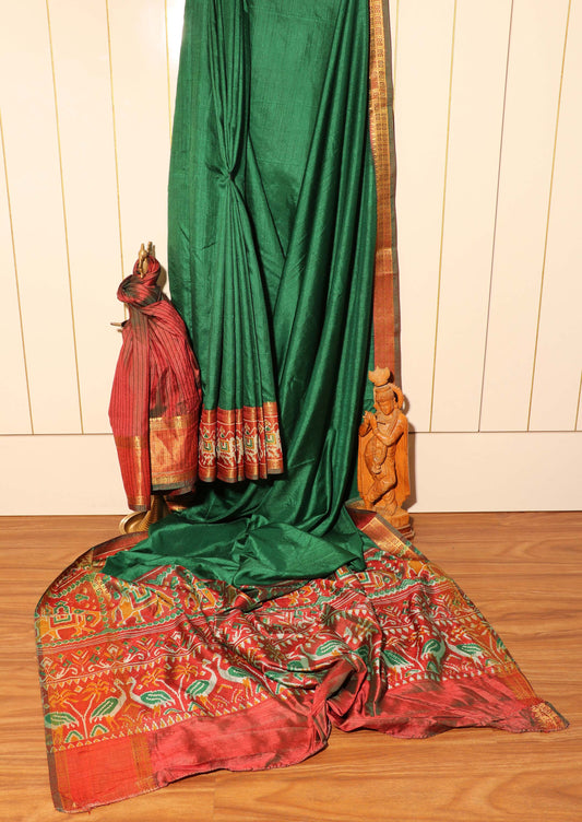 Bottle Green & Maroon Patola-Inspired Saree with Zari Accents 102