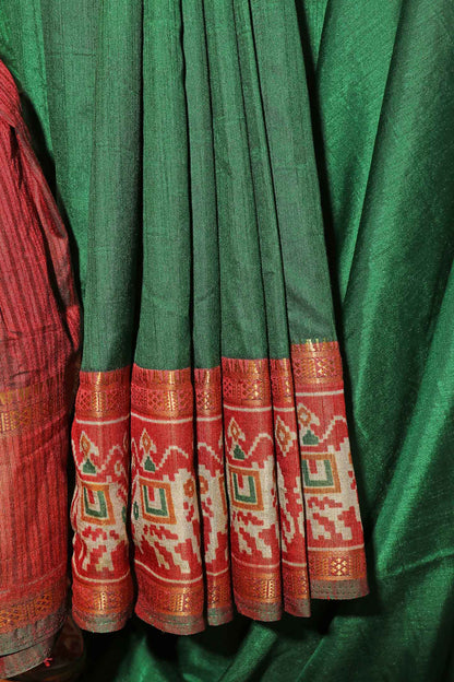 Bottle Green & Maroon Patola-Inspired Saree with Zari Accents 102