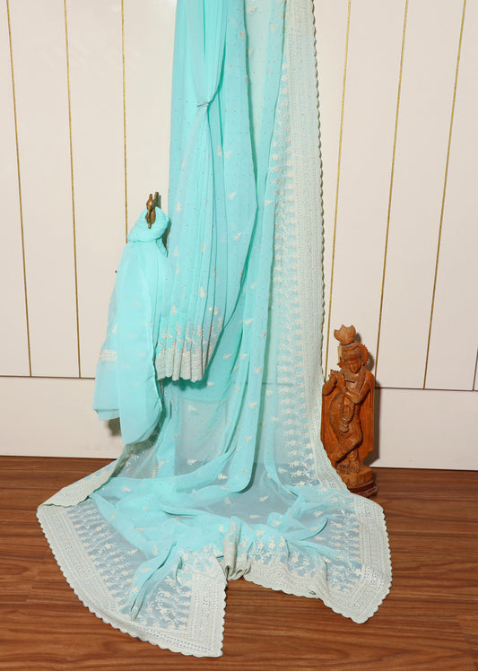 Pista Green Lucknowi Embroidered Chiffon Saree with Scalloped Detailing 103
