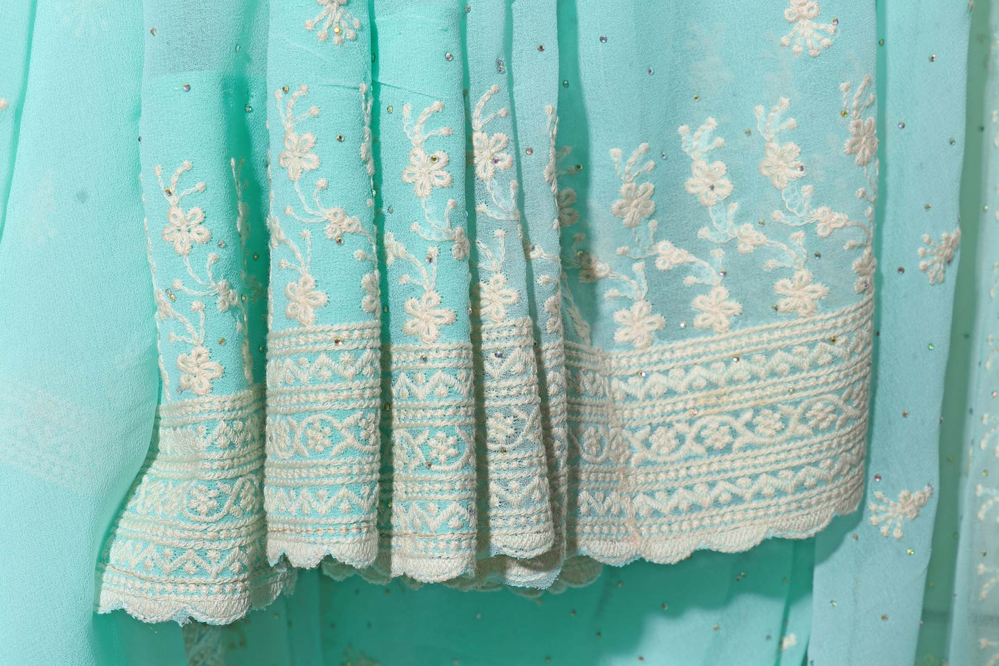 Pista Green Lucknowi Embroidered Chiffon Saree with Scalloped Detailing 103