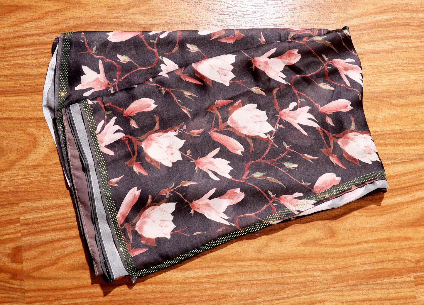 Dark Grey Georgette Saree with Peach & Cream Tulip Print and Swarovski Border 104