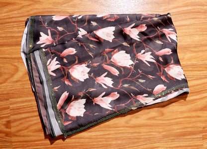Dark Grey Georgette Saree with Peach & Cream Tulip Print and Swarovski Border 104