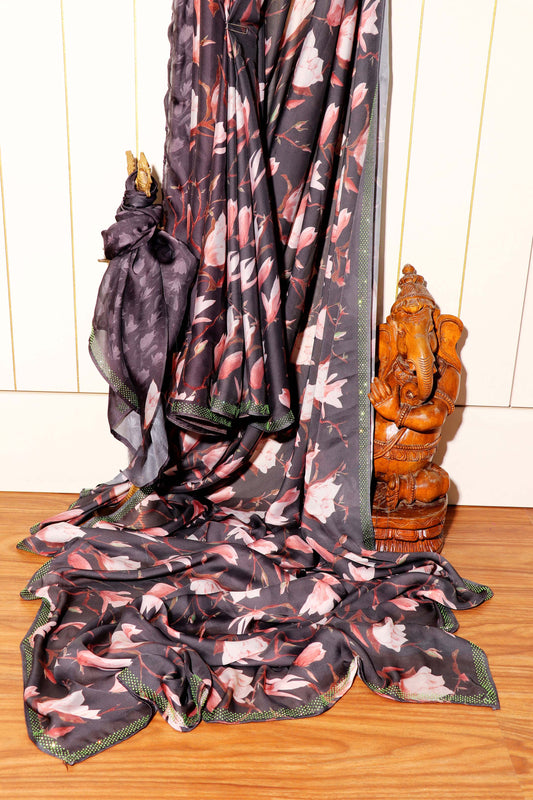 Dark Grey Georgette Saree with Peach & Cream Tulip Print and Swarovski Border 104