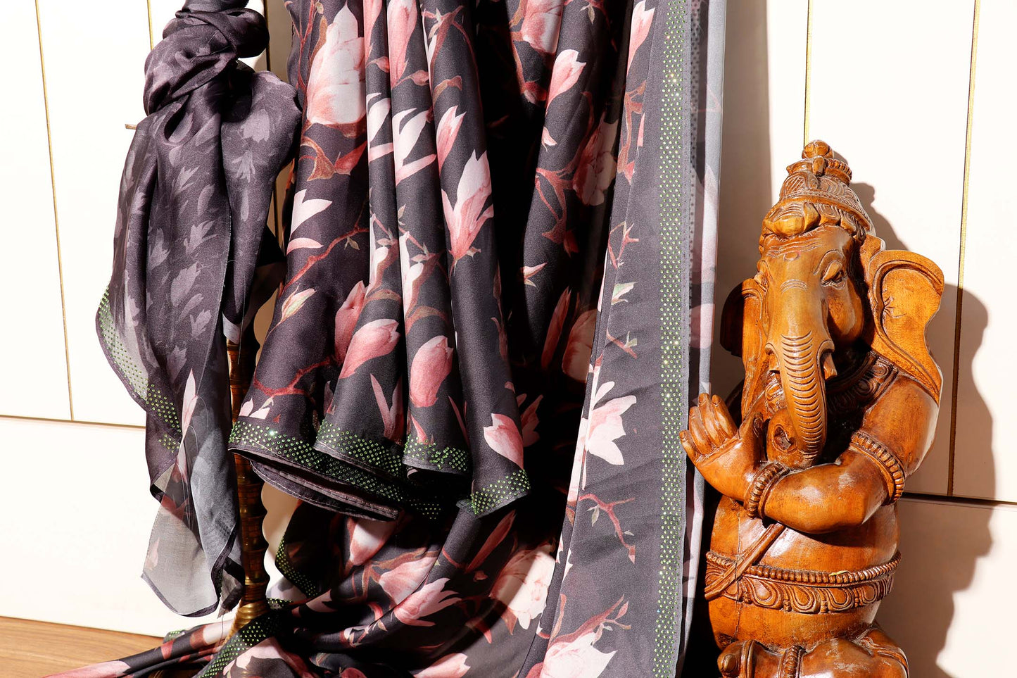 Dark Grey Georgette Saree with Peach & Cream Tulip Print and Swarovski Border 104