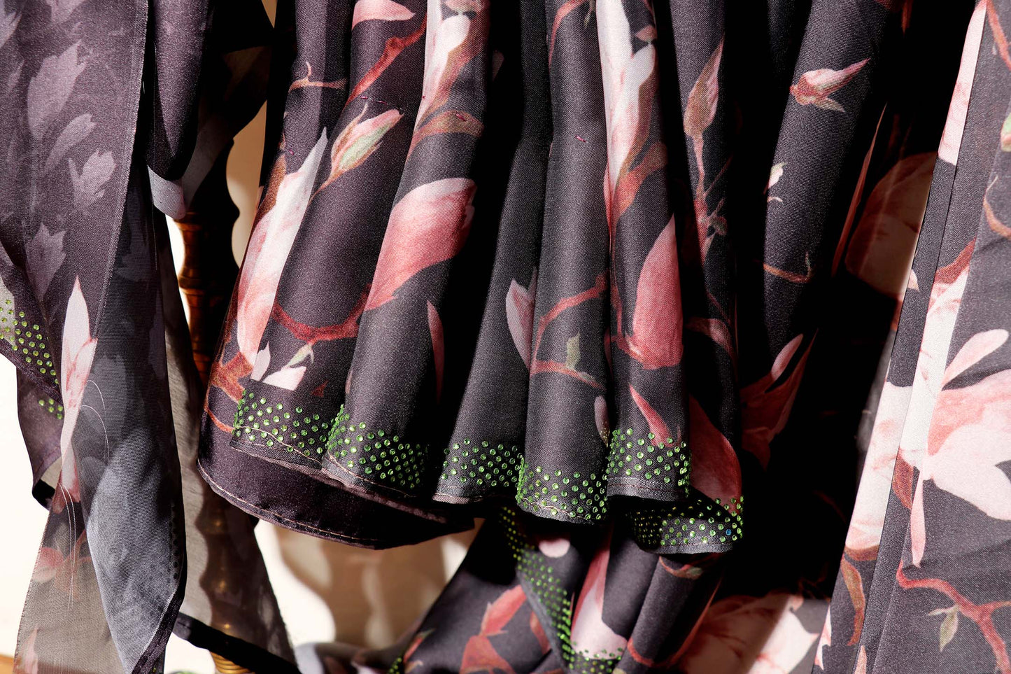 Dark Grey Georgette Saree with Peach & Cream Tulip Print and Swarovski Border 104