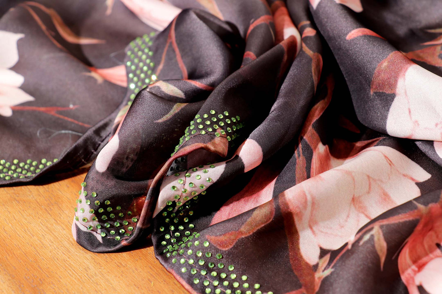 Dark Grey Georgette Saree with Peach & Cream Tulip Print and Swarovski Border 104