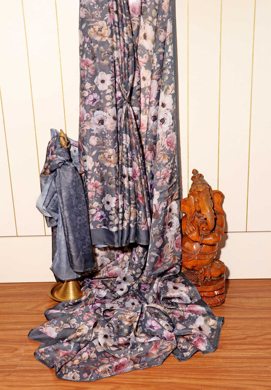 Ash Grey Floral Satin Georgette Saree with Silver Crystal Border 106