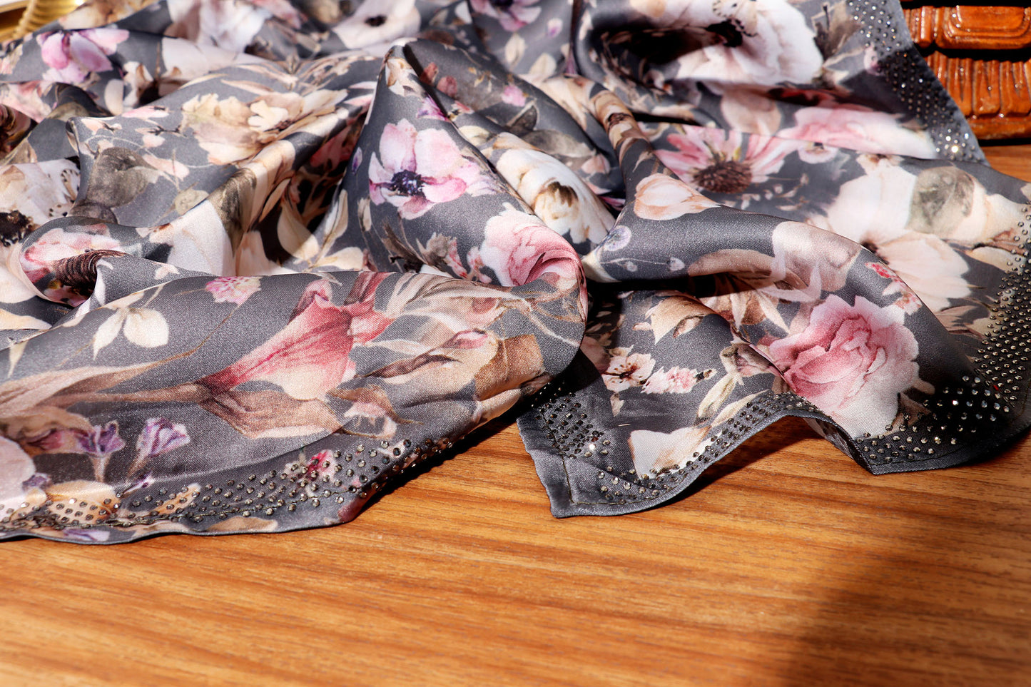 Ash Grey Floral Satin Georgette Saree with Silver Crystal Border 106