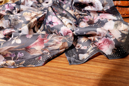 Ash Grey Floral Satin Georgette Saree with Silver Crystal Border 106
