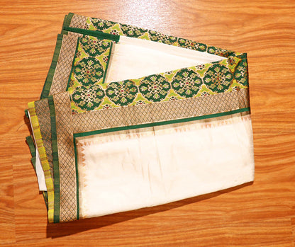 White Handloom Khadi Silk Saree with Bottle Green Patola Zari Border and Pallu 109