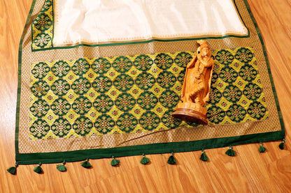 White Handloom Khadi Silk Saree with Bottle Green Patola Zari Border and Pallu 109