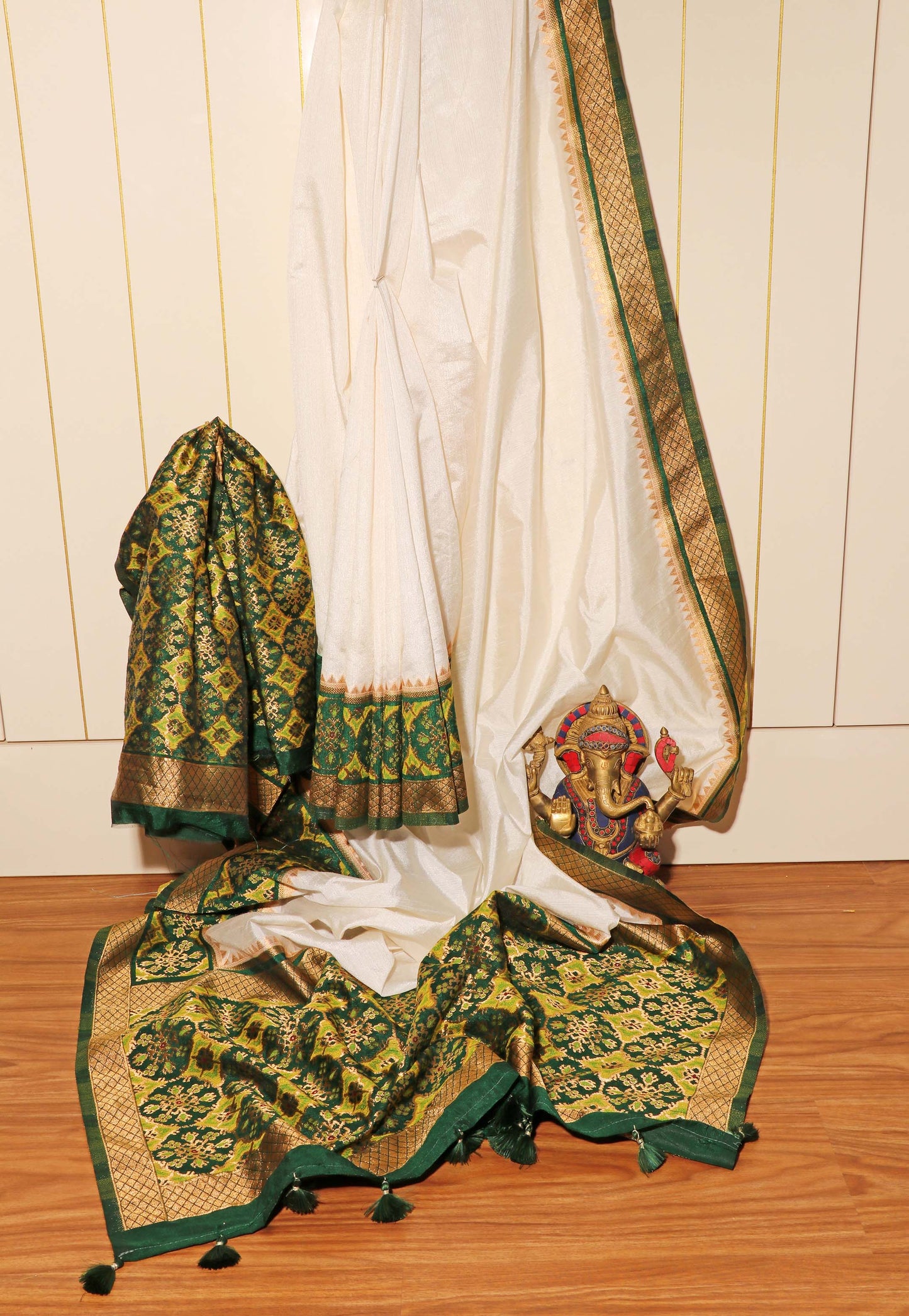White Handloom Khadi Silk Saree with Bottle Green Patola Zari Border and Pallu 109