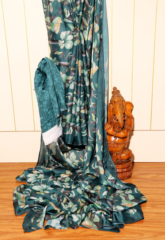 Teal Georgette Saree with Sabyasachi-Style Floral Print and Swarovski Border 110