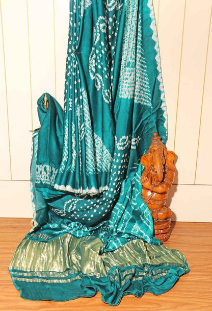 Bottle Green Bandhani Saree with Diamond Motifs and Zari Pallu 114