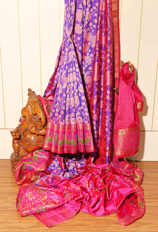 Purple and Pink Madhubani Silk Saree with Patola Print Border 115