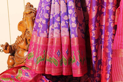 Purple and Pink Madhubani Silk Saree with Patola Print Border 115