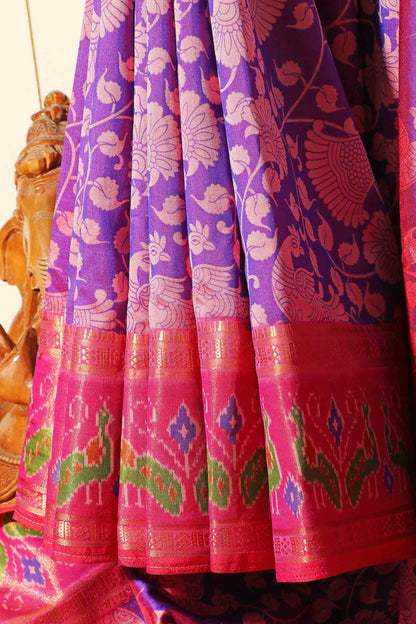 Purple and Pink Madhubani Silk Saree with Patola Print Border 115