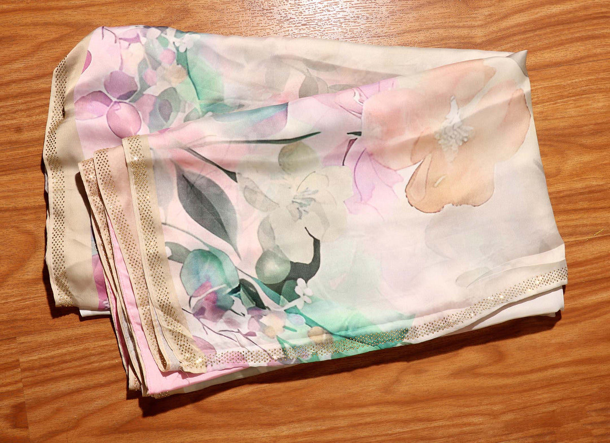 Grey Beige Georgette Saree with Floral Print and Swarovski Border 116