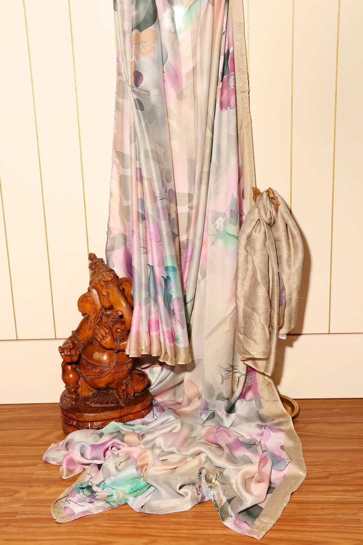 Grey Beige Georgette Saree with Floral Print and Swarovski Border 116