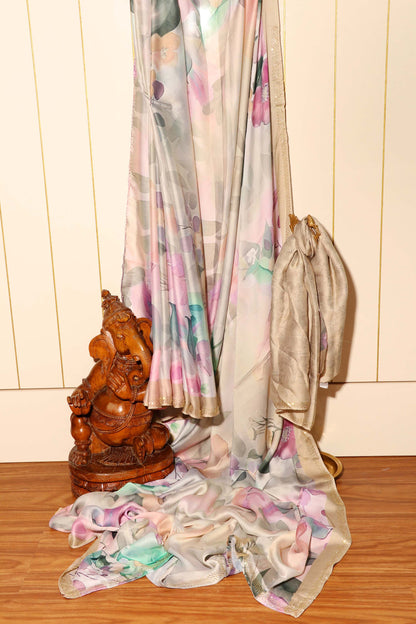 Grey Beige Georgette Saree with Floral Print and Swarovski Border 116