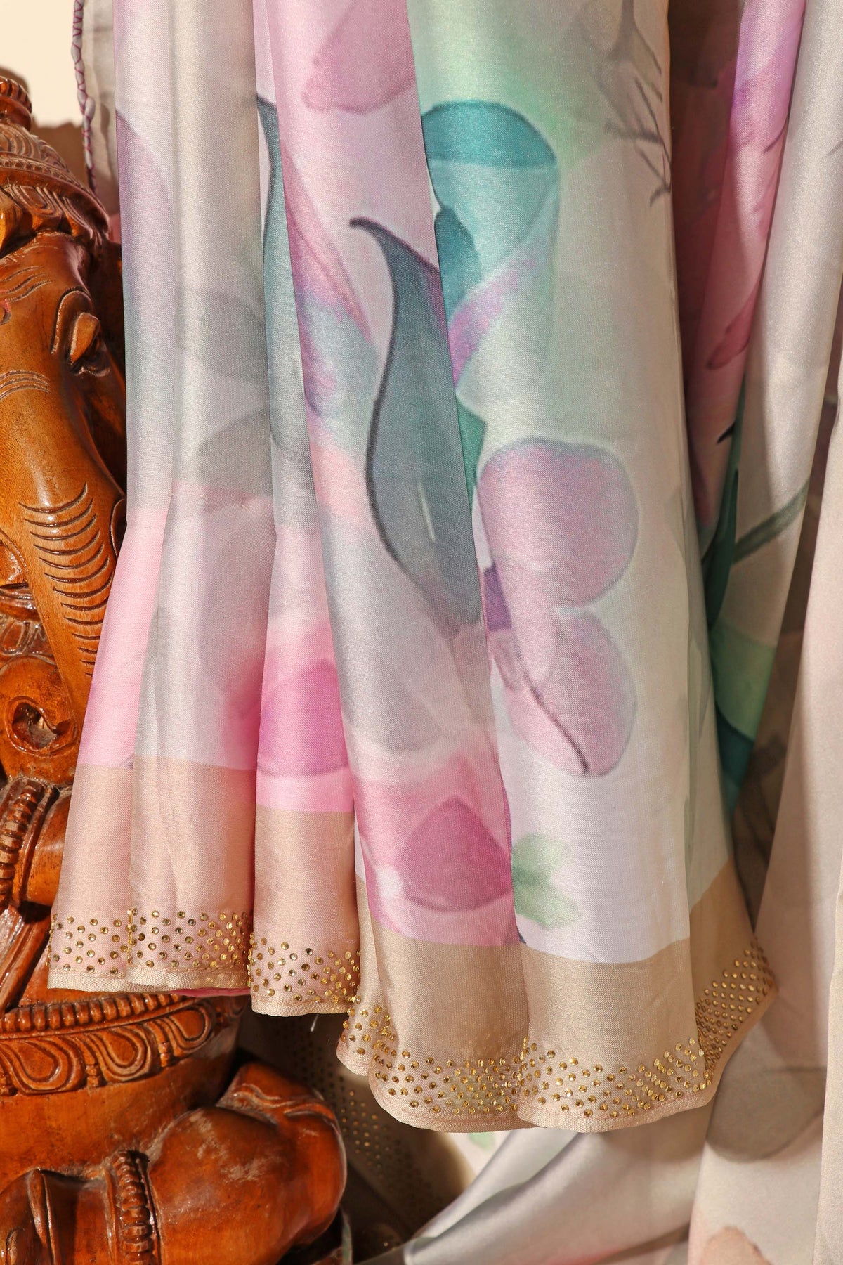 Grey Beige Georgette Saree with Floral Print and Swarovski Border 116