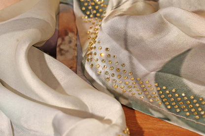 Grey Beige Georgette Saree with Floral Print and Swarovski Border 116