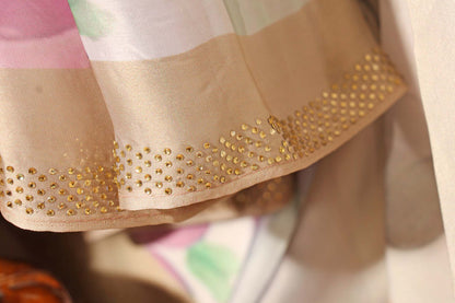 Grey Beige Georgette Saree with Floral Print and Swarovski Border 116