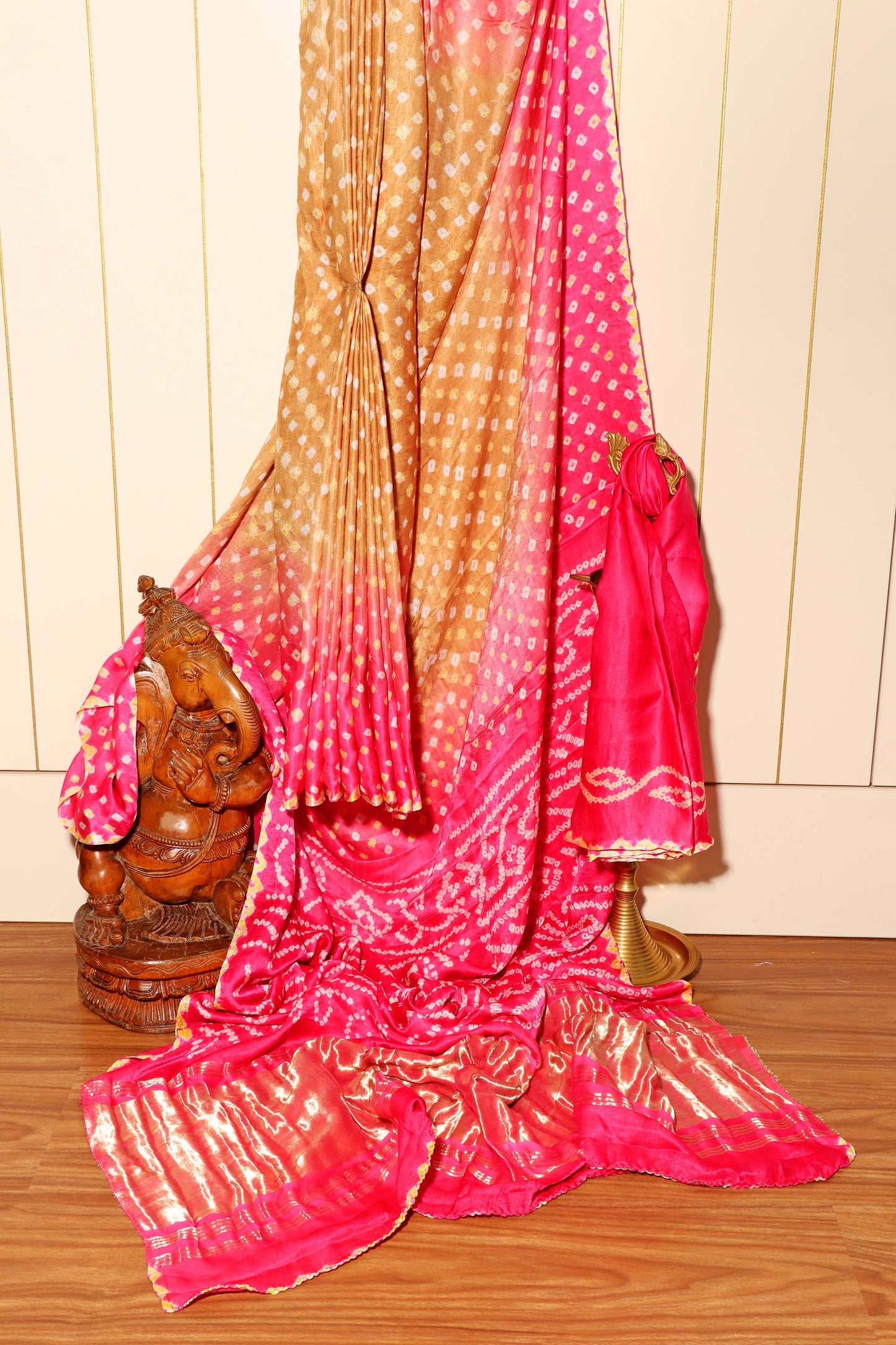 Pink and Mustard Shaded Bandhani Saree with Rich Gold Pallu 117
